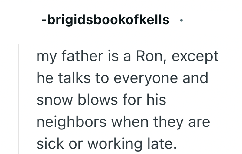 -brigidsbookofkells my father is a Ron, except he talks to everyone and snow blows for his neighbors when they are sick or working late.