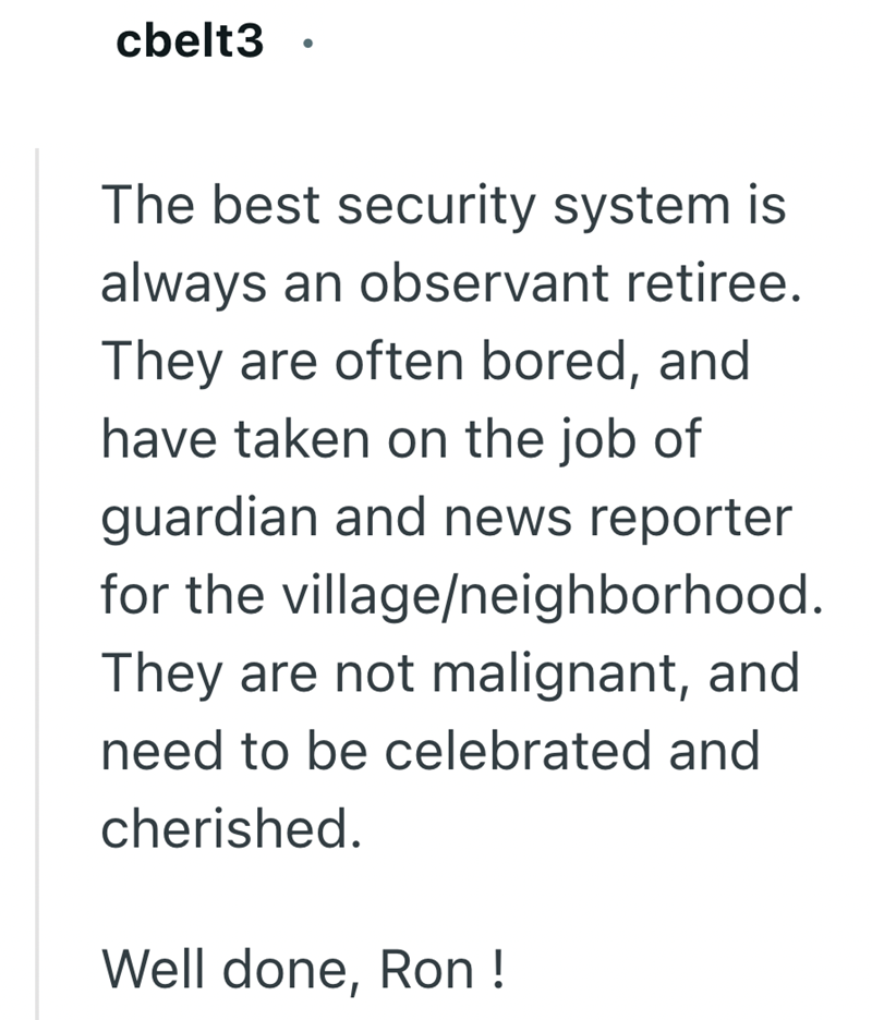 cbelt3 . The best security system is always an observant retiree. They are often bored, and have taken on the job of guardian and news reporter for the village/neighborhood. They are not malignant, and need to be celebrated and cherished. Well done, Ron !