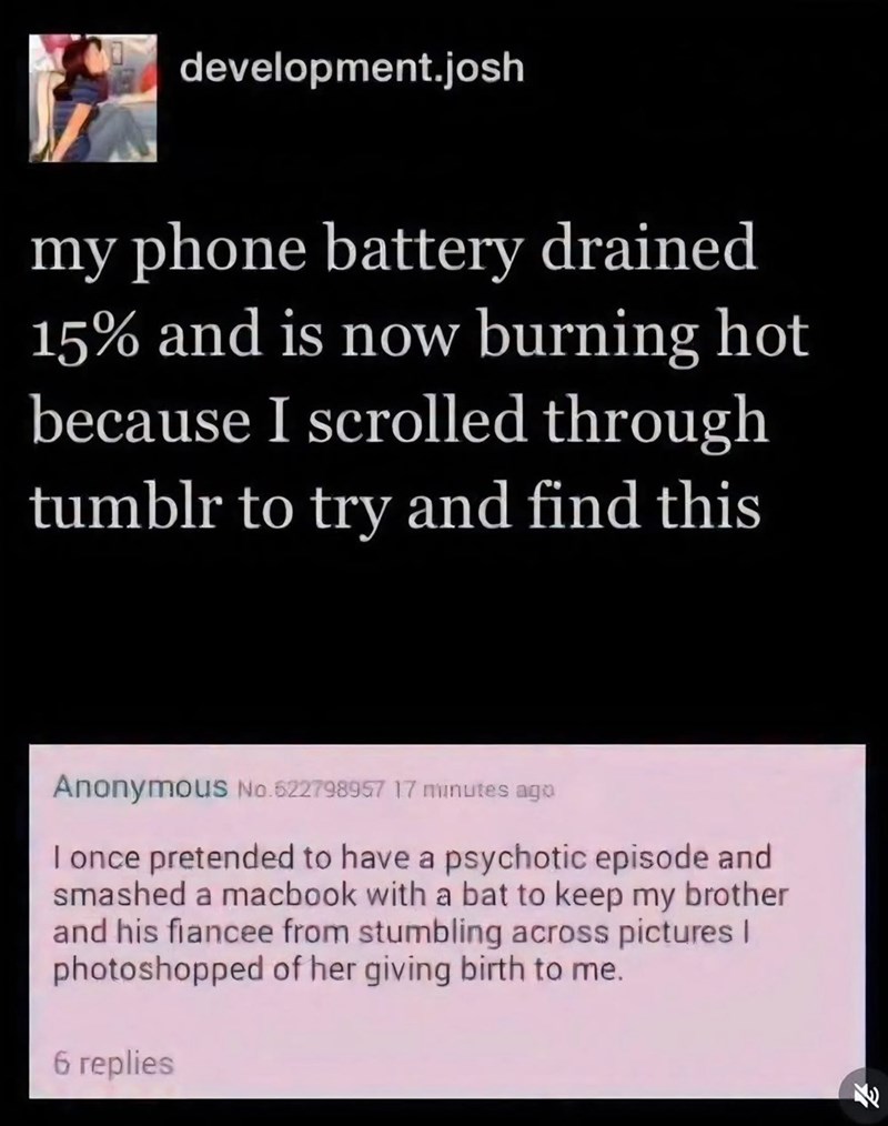 development.josh my phone battery drained 15% and is now burning hot because I scrolled through tumblr to try and find this Anonymous No.622798957 17 minutes ago I once pretended to have a psychotic episode and smashed a macbook with a bat to keep my brother and his fiancee from stumbling across pictures | photoshopped of her giving birth to me. 6 replies