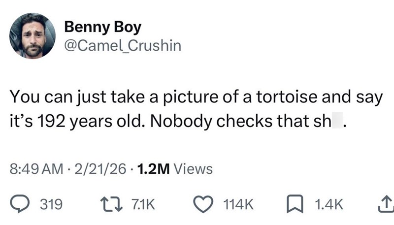 Benny Boy @Camel_Crushin You can just take a picture of a tortoise and say it's 192 years old. Nobody checks that shit. 8:49 AM 2/21/26 1.2M Views 319 17 7.1K 114K 1.4K ↑