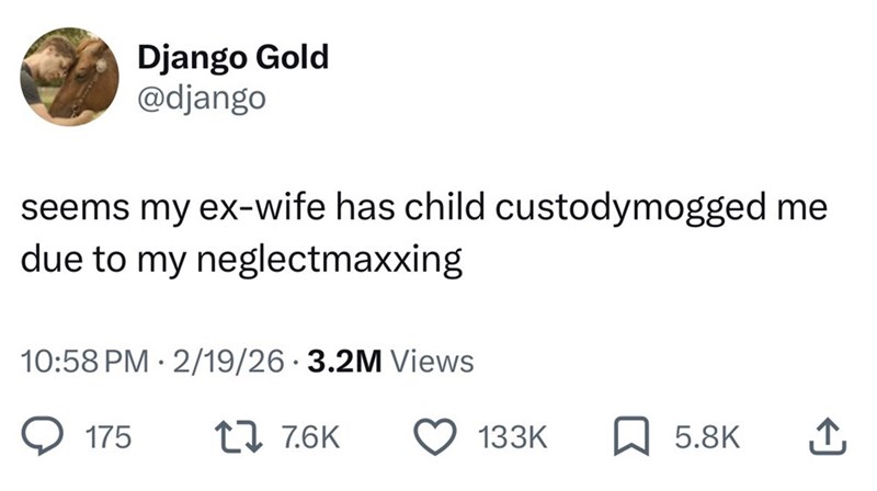 Django Gold @django seems my ex-wife has child custodymogged me due to my neglectmaxxing 10:58 PM 2/19/26 3.2M Views 175 17 7.6K 133K ☐ 5.8K ↑