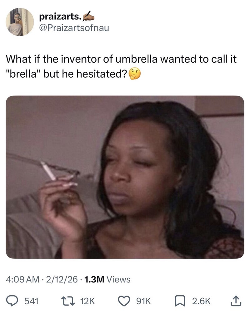 praizarts. @Praizartsofnau What if the inventor of umbrella wanted to call it "brella" but he hesitated? • 4:09 AM 2/12/26 1.3M Views 541 12K 91K ☐ 2.6K ↑