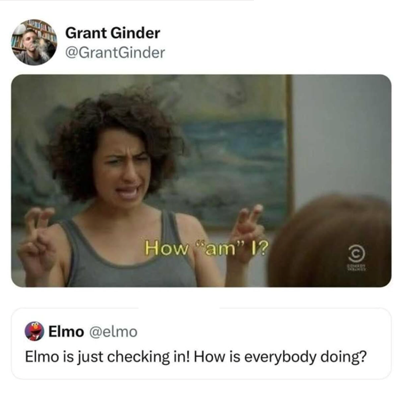 Grant Ginder @GrantGinder How am" 1? © SOMERT ww Elmo @elmo Elmo is just checking in! How is everybody doing?