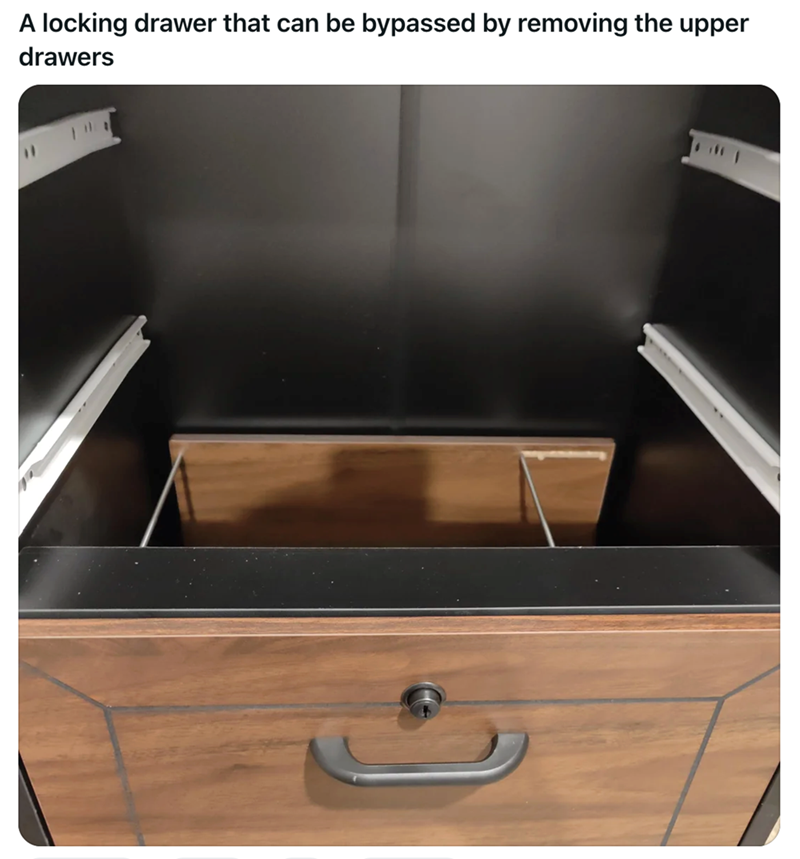 " A locking drawer that can be bypassed by removing the upper drawers
