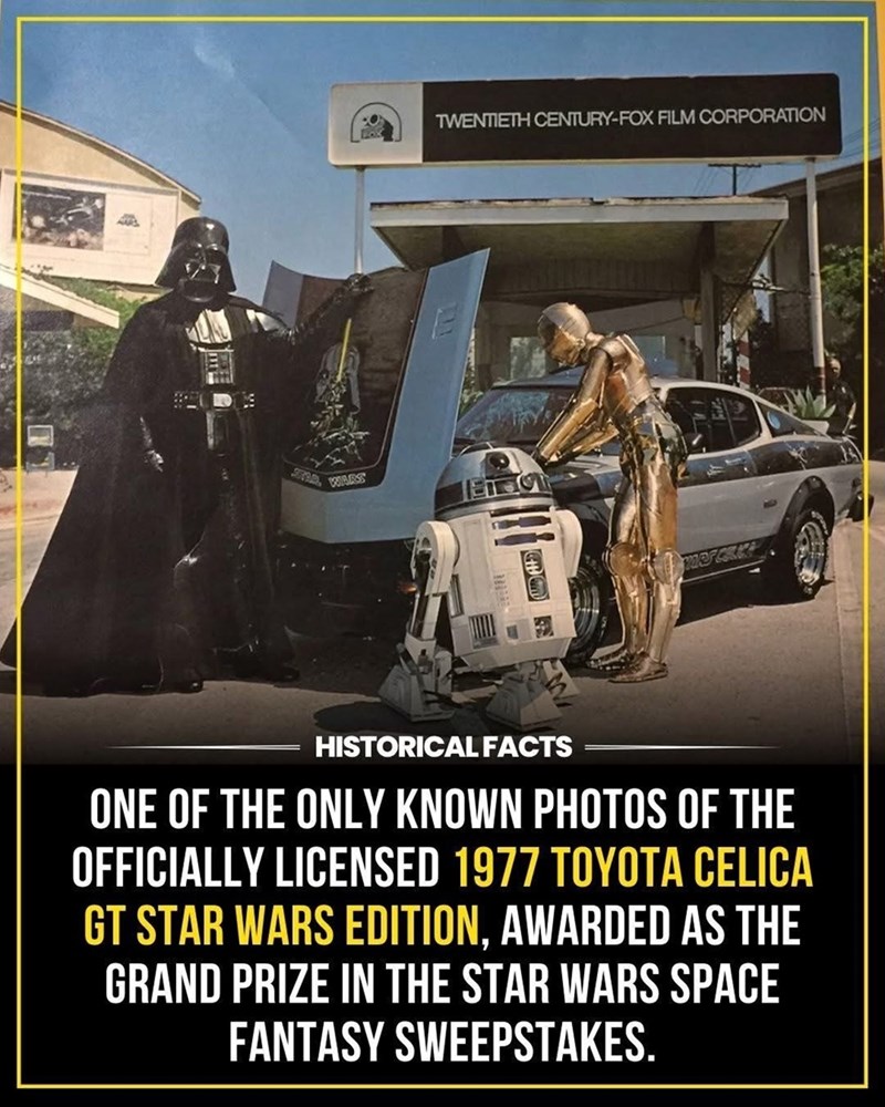 WARS E TWENTIETH CENTURY-FOX FILM CORPORATION HISTORICAL FACTS ONE OF THE ONLY KNOWN PHOTOS OF THE OFFICIALLY LICENSED 1977 TOYOTA CELICA GT STAR WARS EDITION, AWARDED AS THE GRAND PRIZE IN THE STAR WARS SPACE FANTASY SWEEPSTAKES.