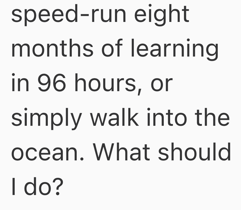 speed-run eight months of learning in 96 hours, or simply walk into the ocean. What should I do?