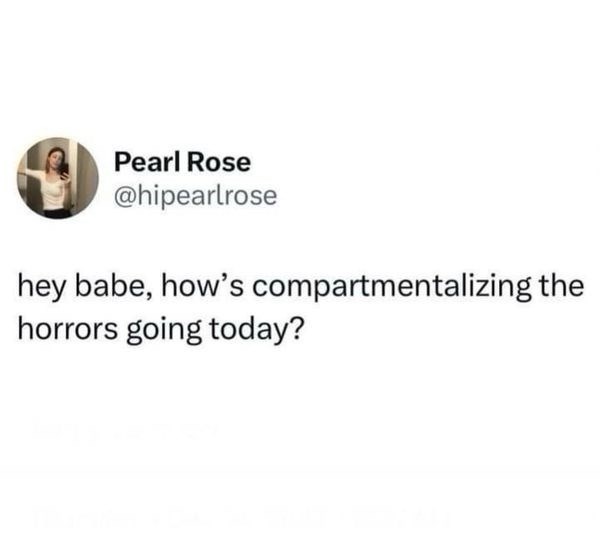 Pearl Rose @hipearlrose hey babe, how's compartmentalizing the horrors going today?