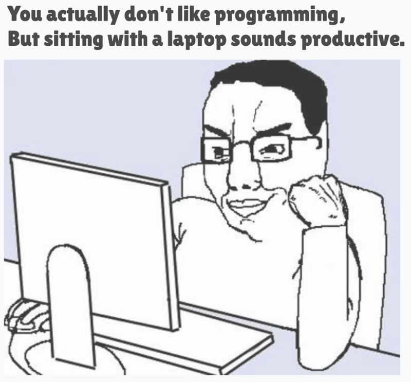 You actually don't like programming, But sitting with a laptop sounds productive. 10
