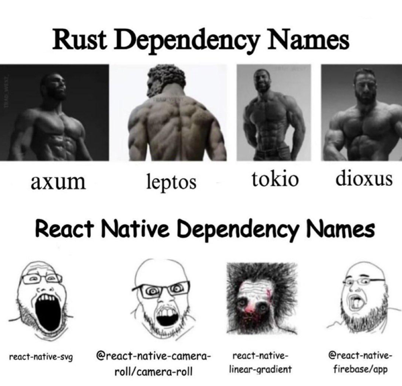 THAD WEST Rust Dependency Names axum leptos tokio dioxus React Native Dependency Names react-native-svg @react-native-camera- react-native- roll/camera-roll linear-gradient @react-native- firebase/app