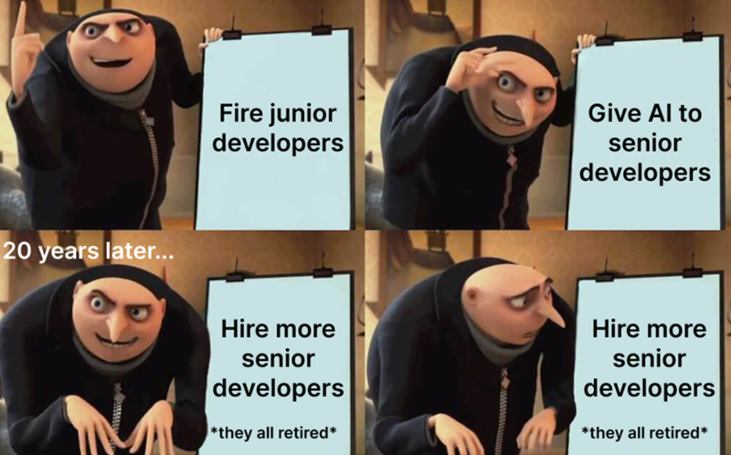 Fire junior developers Give Al to senior developers 20 years later... Hire more senior developers *they all retired* Hire more senior developers *they all retired*