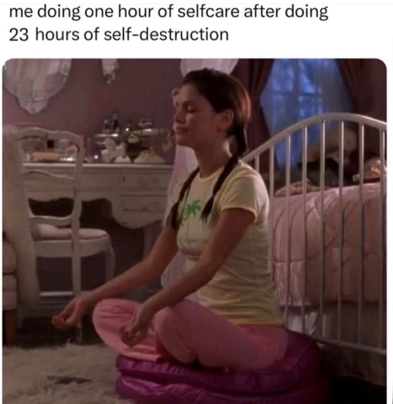 me doing one hour of selfcare after doing 23 hours of self-destruction