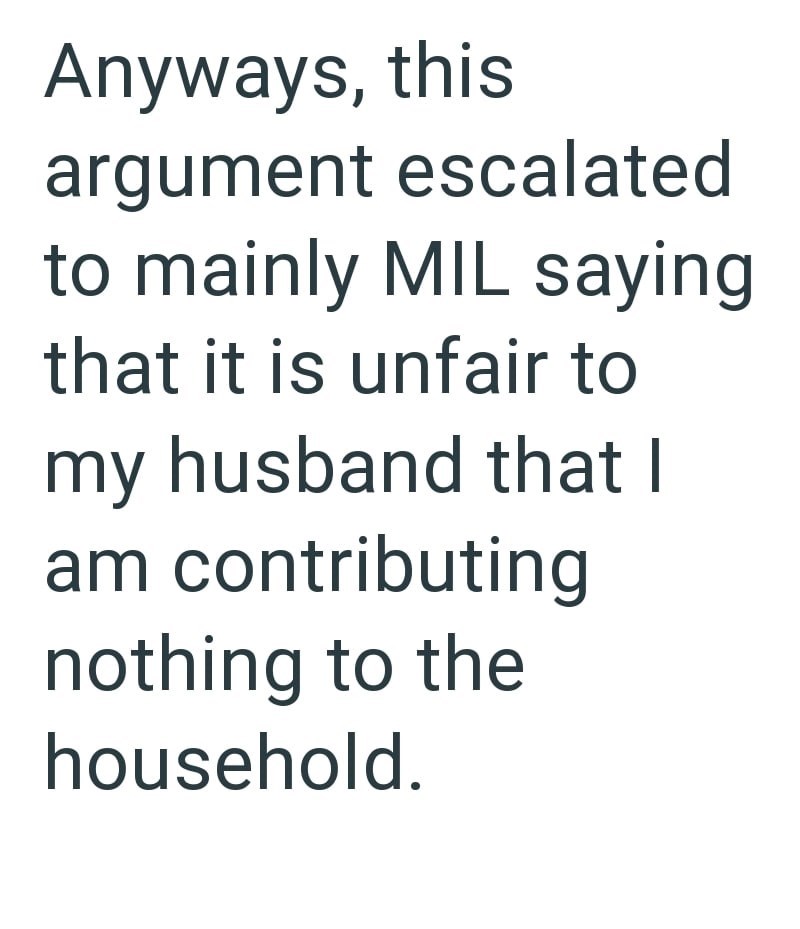 Anyways, this argument escalated to mainly MIL saying that it is unfair to my husband that I am contributing nothing to the household.