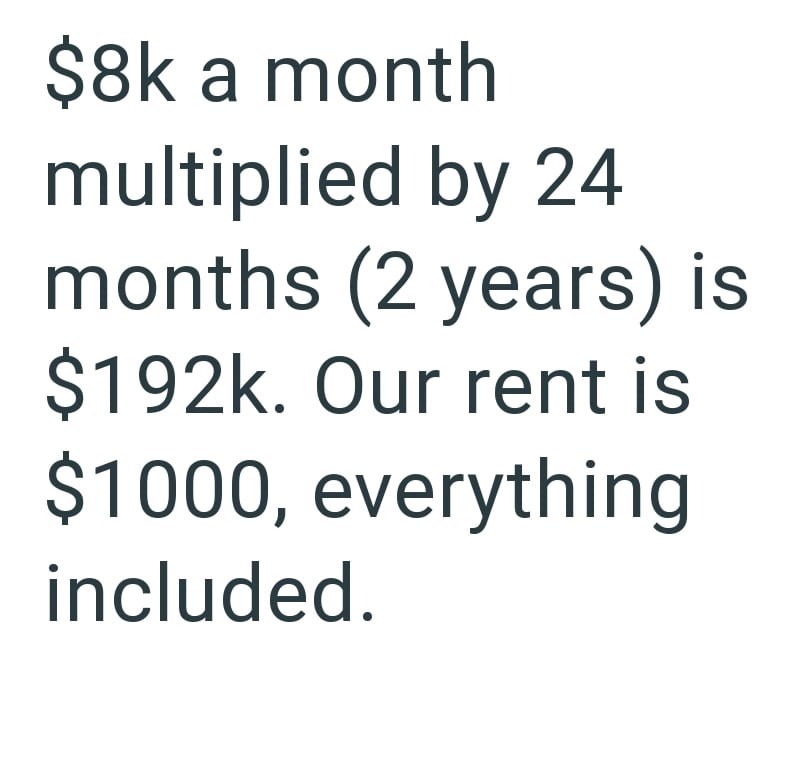 $8k a month multiplied by 24 months (2 years) is $192k. Our rent is $1000, everything included.