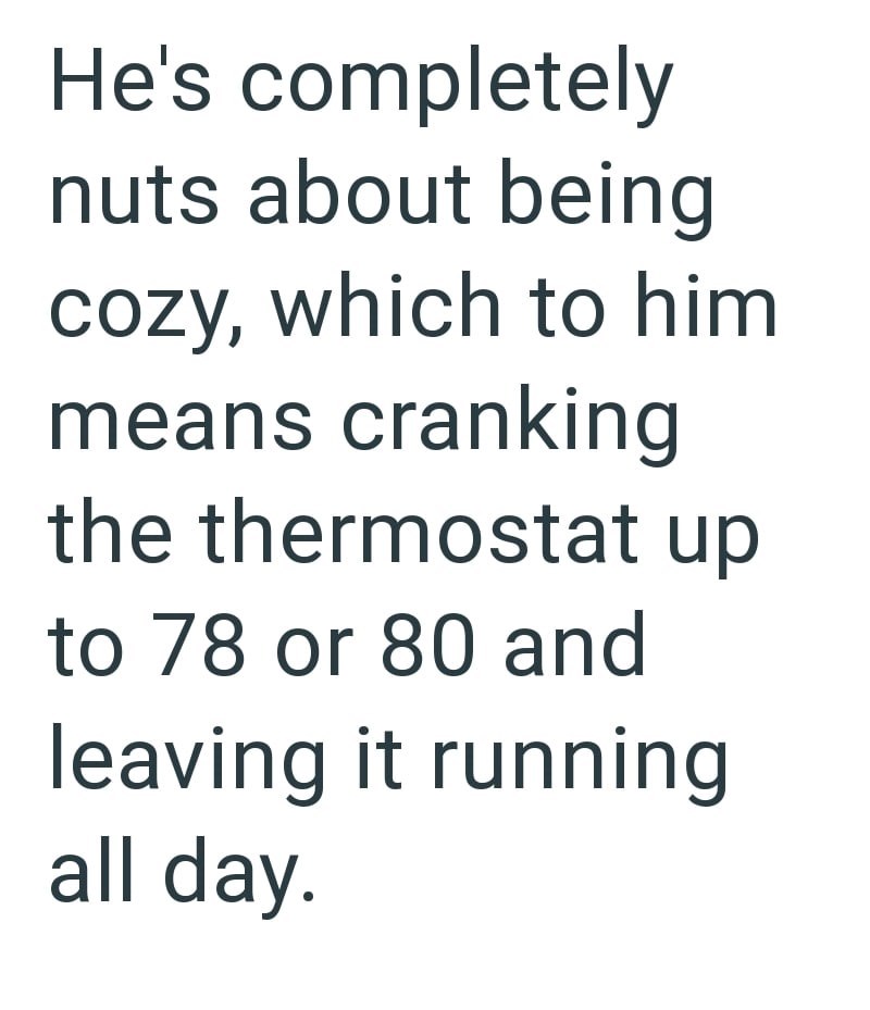 He's completely nuts about being cozy, which to him means cranking the thermostat up to 78 or 80 and leaving it running all day.