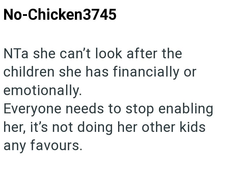 No-Chicken3745 NTa she can't look after the children she has financially or emotionally. Everyone needs to stop enabling her, it's not doing her other kids any favours.