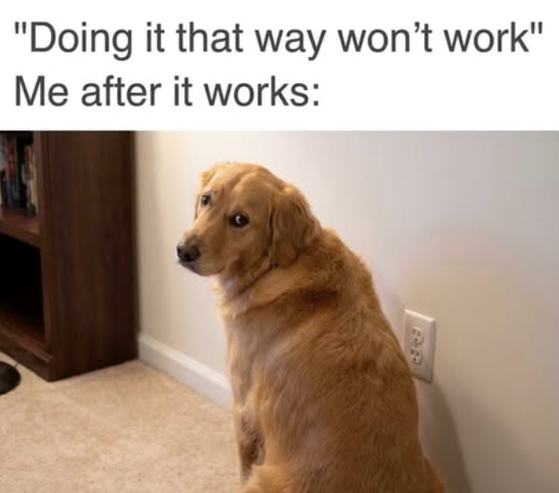 "Doing it that way won't work" Me after it works: 99