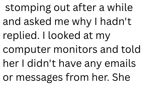 stomping out after a while and asked me why I hadn't replied. I looked at my computer monitors and told her I didn't have any emails or messages from her. She
