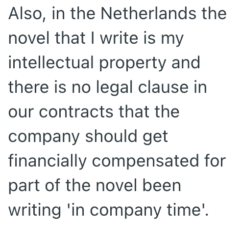 Also, in the Netherlands the novel that I write is my intellectual property and there is no legal clause in our contracts that the company should get financially compensated for part of the novel been writing 'in company time'.