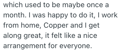 which used to be maybe once a month. I was happy to do it, I work from home, Copper and I get along great, it felt like a nice arrangement for everyone.
