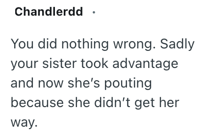 Chandlerdd . You did nothing wrong. Sadly your sister took advantage and now she's pouting because she didn't get her way.