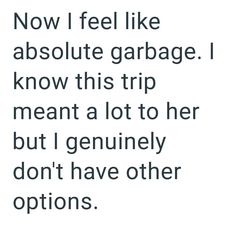 Now I feel like absolute garbage. I know this trip meant a lot to her but I genuinely don't have other options.