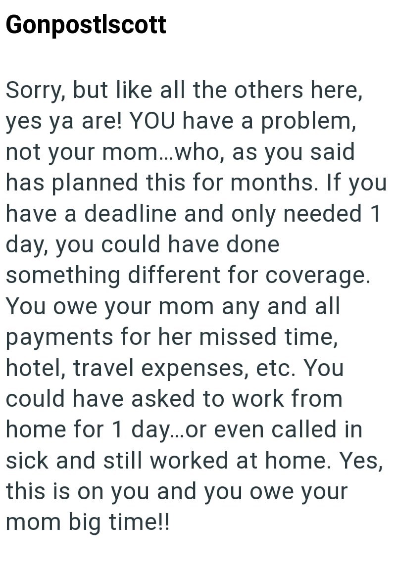Gonpostlscott Sorry, but like all the others here, yes ya are! YOU have a problem, not your mom... who, as you said has planned this for months. If you have a deadline and only needed 1 day, you could have done something different for coverage. You owe your mom any and all payments for her missed time, hotel, travel expenses, etc. You could have asked to work from home for 1 day...or even called in sick and still worked at home. Yes, this is on you and you owe your mom big time!!
