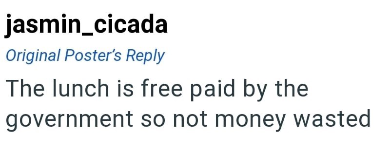 jasmin_cicada Original Poster's Reply The lunch is free paid by the government so not money wasted