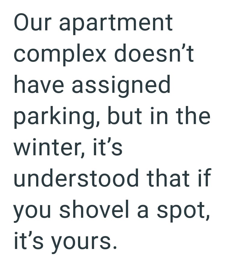 Our apartment complex doesn't have assigned parking, but in the winter, it's understood that if you shovel a spot, it's yours.