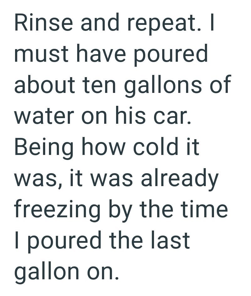 Rinse and repeat. I must have poured about ten gallons of water on his car. Being how cold it was, it was already freezing by the time I poured the last gallon on.