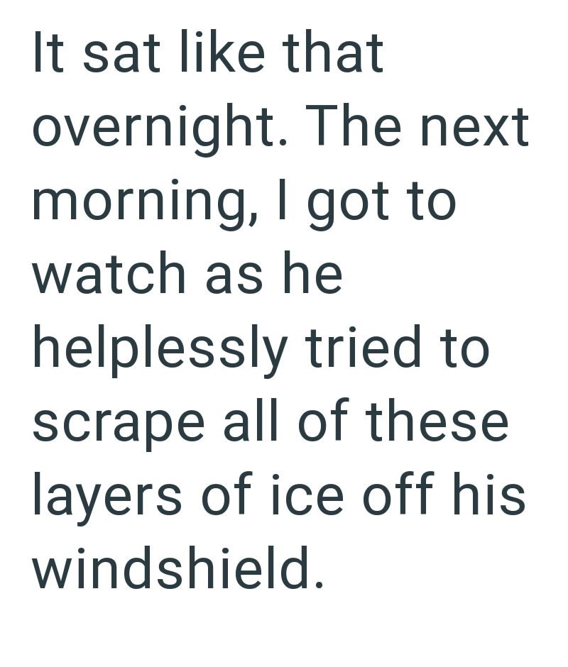 It sat like that overnight. The next morning, I got to watch as he helplessly tried to scrape all of these layers of ice off his windshield.