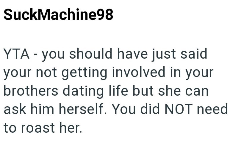 SuckMachine98 YTA - you should have just said your not getting involved in your brothers dating life but she can ask him herself. You did NOT need to roast her.
