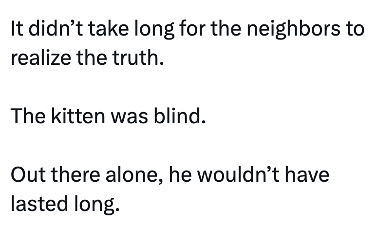 It didn't take long for the neighbors to realize the truth. The kitten was blind. Out there alone, he wouldn't have lasted long.