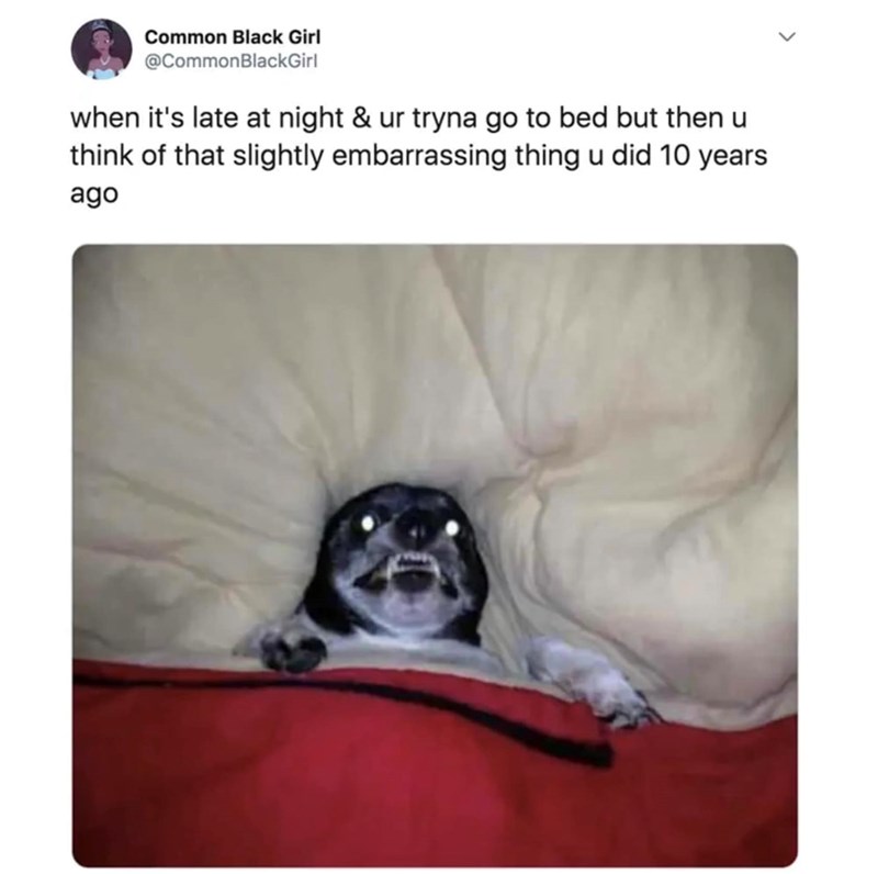 Common Black Girl @CommonBlackGirl when it's late at night & ur tryna go to bed but then u think of that slightly embarrassing thing u did 10 years ago