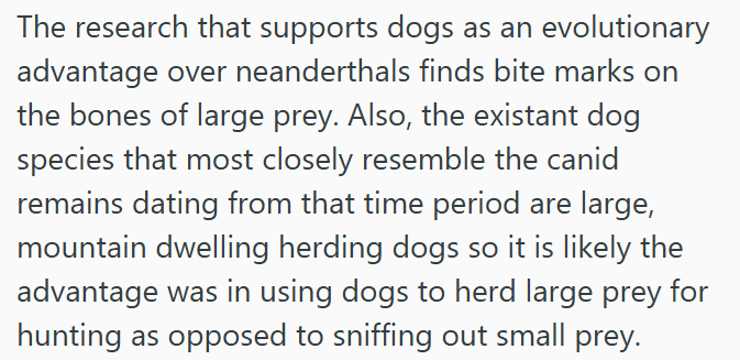 The research that supports dogs as an evolutionary advantage over neanderthals finds bite marks on the bones of large prey. Also, the existant dog species that most closely resemble the canid remains dating from that time period are large, mountain dwelling herding dogs so it is likely the advantage was in using dogs to herd large prey for hunting as opposed to sniffing out small prey.