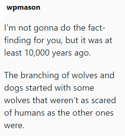 wpmason I'm not gonna do the fact- finding for you, but it was at least 10,000 years ago. The branching of wolves and dogs started with some wolves that weren't as scared of humans as the other ones were.