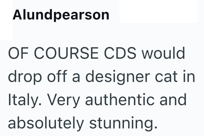 Alundpearson OF COURSE CDS would drop off a designer cat in Italy. Very authentic and absolutely stunning.
