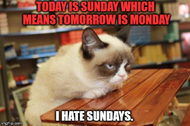 imgflip.com TODAY IS SUNDAY WHICH MEANS TOMORROW IS MONDAY I HATE SUNDAYS.