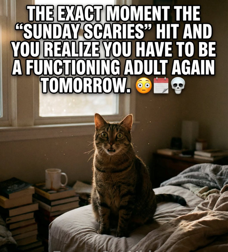 THE EXACT MOMENT THE "SUNDAY SCARIES" HIT AND YOU REALIZE YOU HAVE TO BE A FUNCTIONING ADULT AGAIN TOMORROW.