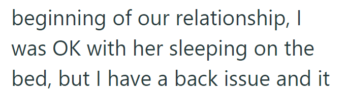 beginning of our relationship, I was OK with her sleeping on the bed, but I have a back issue and it