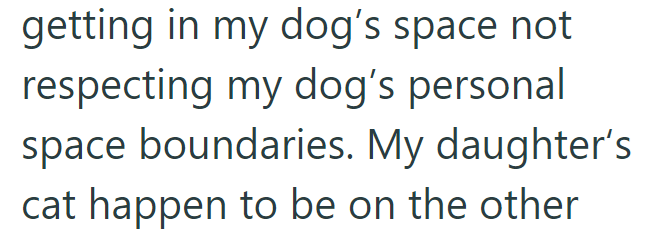 getting in my dog's space not respecting my dog's personal space boundaries. My daughter's cat happen to be on the other