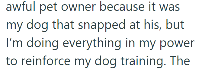 awful pet owner because it was my dog that snapped at his, but I'm doing everything in my power to reinforce my dog training. The