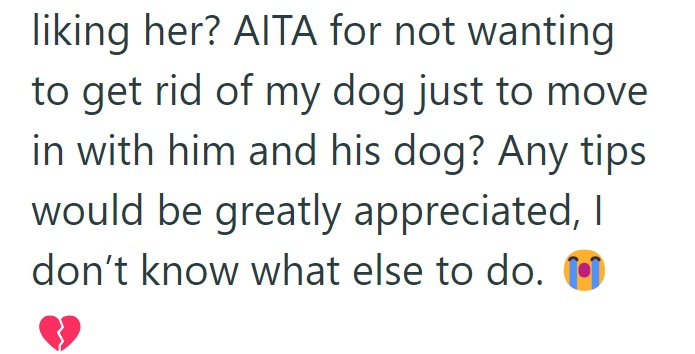 liking her? AITA for not wanting to get rid of my dog just to move in with him and his dog? Any tips would be greatly appreciated, I don't know what else to do.