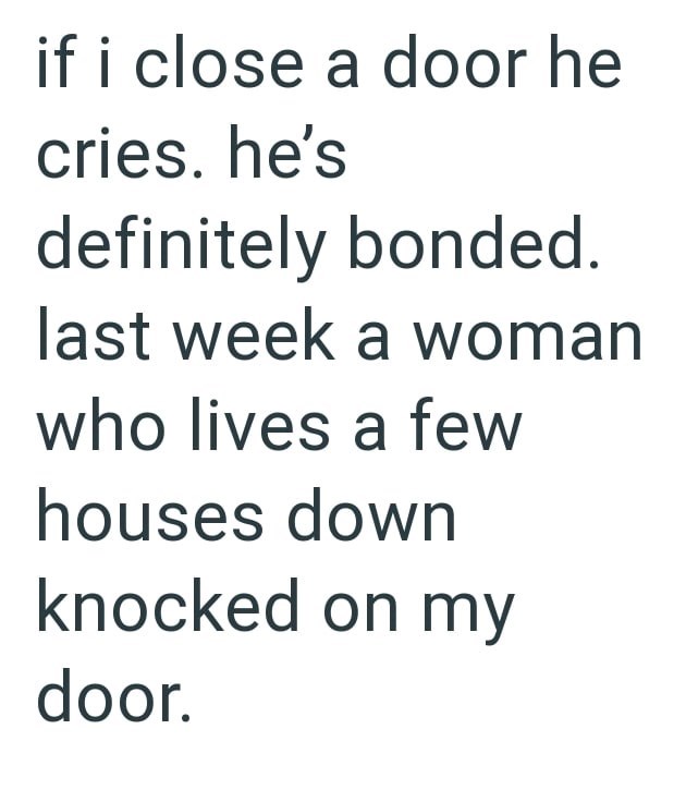 if i close a door he cries. he's definitely bonded. last week a woman who lives a few houses down knocked on my door.