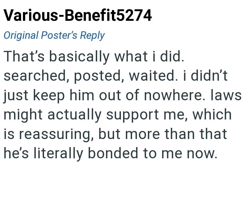 Various-Benefit5274 Original Poster's Reply That's basically what i did. searched, posted, waited. i didn't just keep him out of nowhere. laws might actually support me, which is reassuring, but more than that he's literally bonded to me now.