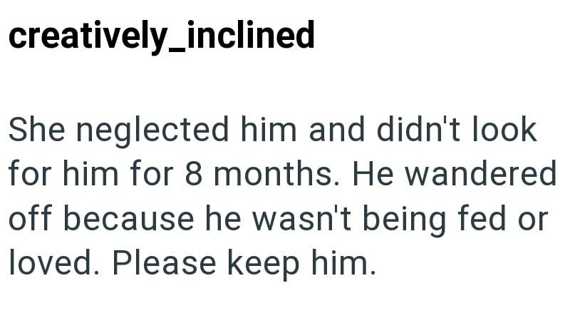 creatively_inclined She neglected him and didn't look for him for 8 months. He wandered off because he wasn't being fed or loved. Please keep him.