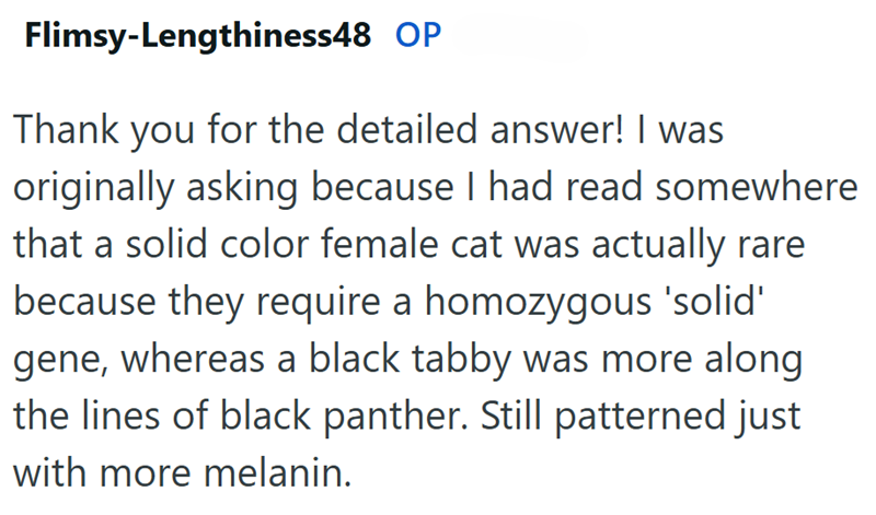 Flimsy-Lengthiness48 OP Thank you for the detailed answer! I was originally asking because I had read somewhere that a solid color female cat was actually rare because they require a homozygous 'solid' gene, whereas a black tabby was more along the lines of black panther. Still patterned just with more melanin.