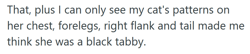 That, plus I can only see my cat's patterns on her chest, forelegs, right flank and tail made me think she was a black tabby.