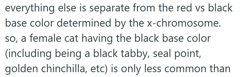 everything else is separate from the red vs black base color determined by the x-chromosome. so, a female cat having the black base color (including being a black tabby, seal point, golden chinchilla, etc) is only less common than