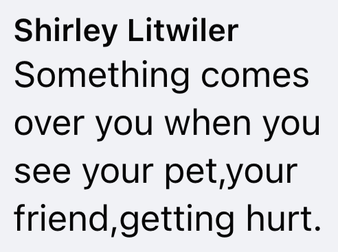 Shirley Litwiler Something comes over you when you see your pet, your friend, getting hurt.