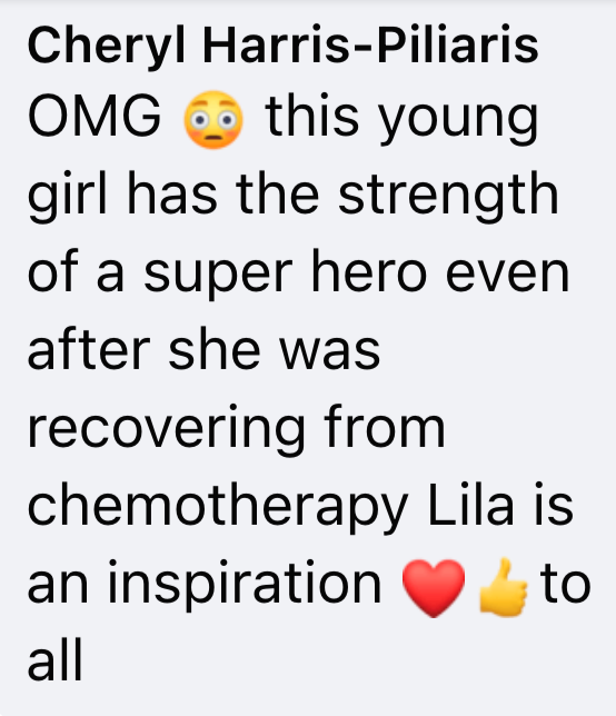 Cheryl Harris-Piliaris OMG this young girl has the strength of a super hero even after she was recovering from chemotherapy Lila is an inspiration all to